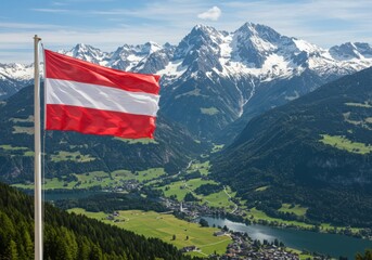 Waving Austrian Flag Symbolizing Alpine Heritage Amidst the Majestic Peaks and Valleys of the Alps