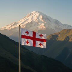 Waving Georgian Flag Symbolizing Ancient Culture Against the Dramatic High Peaks of the Caucasus Mountains