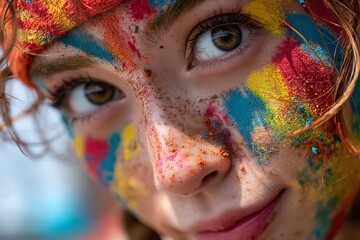 This is a close-up of a joyful young woman wearing bright, multicolored face paint at the Boryeong Mud Festival in South Korea. Generative Ai
