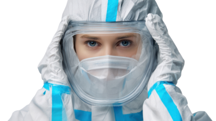 Person in protective suit and face shield, isolated on white background.