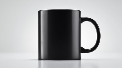 Elegant Black Mug on a White Surface Perfect for Mockups and Branding Featuring a Clean and Minimalist Design with Subtle Reflections and Smooth Glossy Finish Ideal for Product Presentation