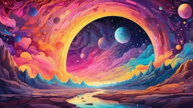 Colorful otherworldly archway frames celestial vista