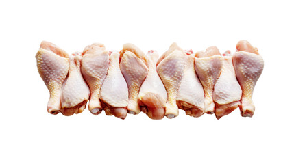 Raw chicken drumsticks lined on a white isolate background