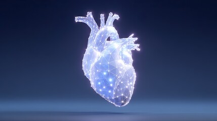 Futuristic wireframe human heart on dark background