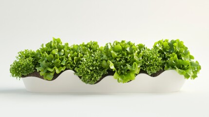 Vibrant Green Lettuce Plants in a White Wavy Planter on White Background