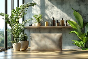 Minimalist sunlit interior mockup with green plants and amber bottles


