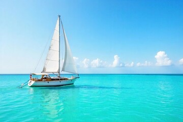 Fototapeta premium Serene sailboat at anchor in calm turquoise water, gently swaying in the breeze Perfect for travel, nautical, and vacation themes The tranquil scene evokes peace and relaxation , boat, sun