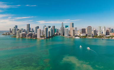 Fototapeta premium Miami skyscraper cityscape. Miami city skyline view of Brickell key. Miami downtown. Skyscraper building. Cityscape building downtown. Travel destination. City architecture. Miami luxury skyline