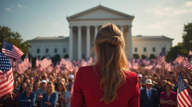 Back View of a Female Politician on Stage During a Presidential Election Rally, American Flags Waving in the Crowd Under a Bright Sky