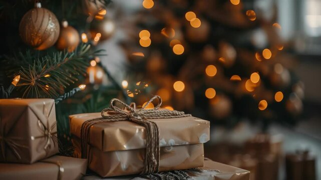 Presents wrapped in gold paper and tied with twine are stacked under a Christmas tree decorated with lights and baubles, creating a warm and festive atmosphere. 