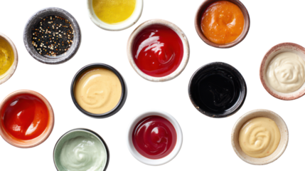 Variety of colorful sauces in small containers on black background.