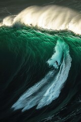 Surfer riding massive wave ocean aerial dramatic environment action shot