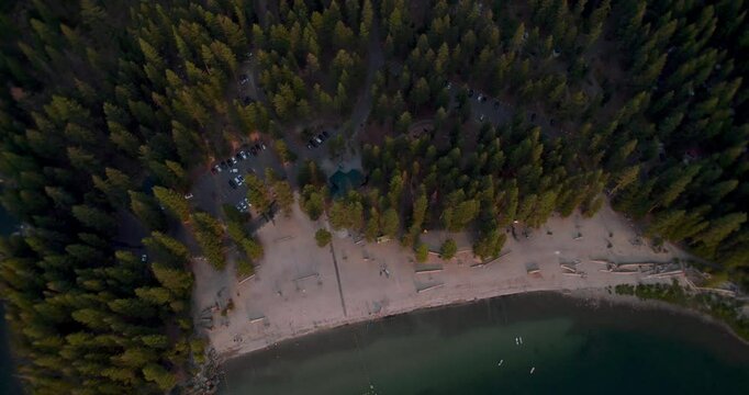 Campground Beach at Sunset Drone Top View