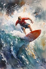 Dynamic surfer riding waves teal ocean watercolor painting bright environment action-packed view