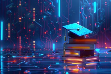 Cyberpunk graduation cap and stacked books in digital world futuristic environment vibrant colors