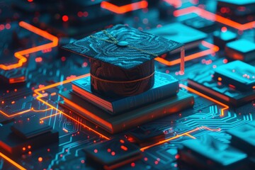 Cyberpunk graduation cap and stacked books on circuit board futuristic academic concept digital environment close-up view