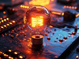 Cyberpunk glow light bulb illuminating ideas on a circuit board in a futuristic environment