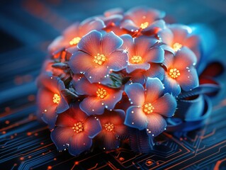 Cyberpunk bouquet of flowers with ribbon in neon glow digital art futuristic environment close-up view
