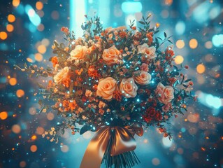 Cyberpunk bouquet of flowers with ribbon urban setting vibrant colors futuristic atmosphere artistic perspective