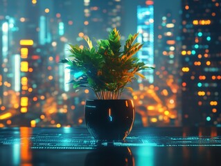 Cyberpunk desk scene featuring potted plant in futuristic cityscape at night digital artwork vibrant atmosphere