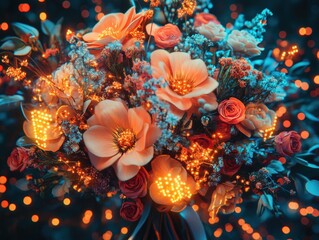 Cyberpunk-themed bouquet of flowers with ribbons vibrant colors digital art futuristic environment close-up view