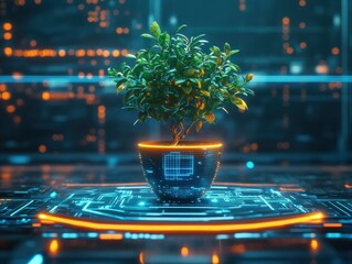 Digital desk with potted plant in cyberpunk theme futuristic environment artistic composition