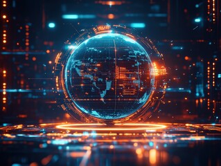 Obraz premium Dynamic rotating globe with data rings cyberpunk city digital art futuristic environment high-tech viewpoint
