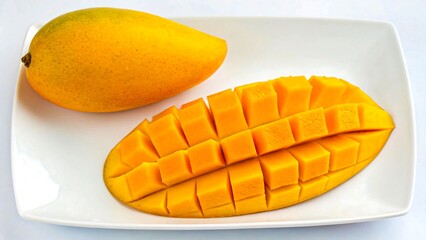 Fresh whole and sliced ripe mango fruit with juicy yellow flesh served on white plate
