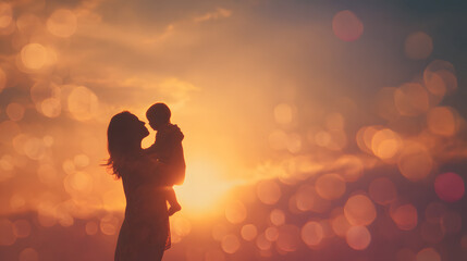 Mother's Love at Sunset: A silhouette of a mother tenderly cradling her child against a vibrant sunset backdrop, embodying the pure essence of maternal love and the warmth of family bonds.