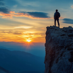 A man stands on a mountain top, looking out at the sunset. The sky is filled with clouds, and the sun is setting in the distance. The scene is peaceful and serene