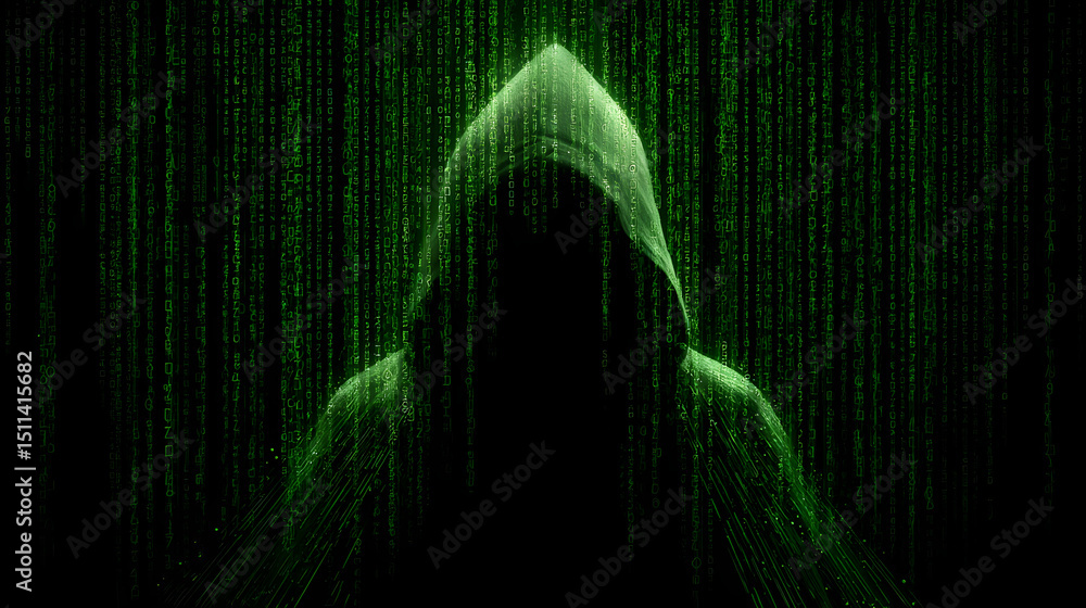 Poster digital veil: a mysterious figure shrouded in a hood stands before a cascading matrix of binary code