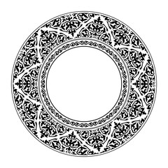 Black monochrome round Kazakh national ornament plate. Ethnic pattern of the peoples of the Great Steppe, Mongols, Kyrgyz, Kalmyks, Buryats. Circle, frame border. For sandblaster, ceramic, laser. Vect