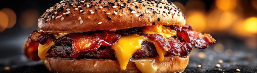 Calorie bomb taste with sugar, salt, and greasy snack concept. Delicious burger with bacon and melted cheese on a wooden table.