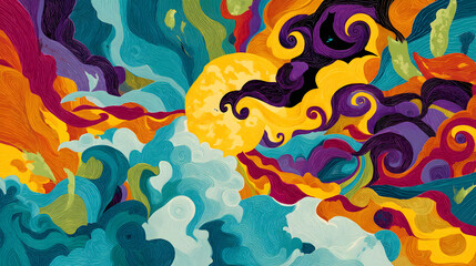 Naklejka premium Vibrant Psychedelic Art: A colorful and imaginative artwork of sun, clouds, and various abstract shapes. Capturing a sense of psychedelic creativity.