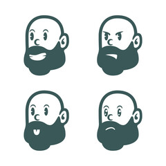 Vector set of bald bearded man cartoon faces with different emotions – happy, sad, surprised, and joyful. Perfect for stickers, avatars, icons, or mascot designs