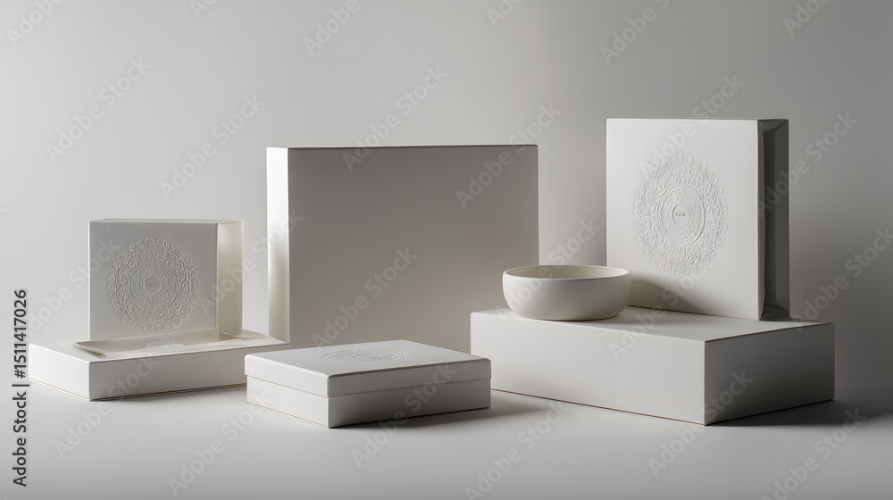 Poster minimalist composition: elegantly arranged pristine white objects in a clean, neutral setting, empha