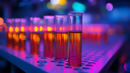 Colorful test tubes filled with liquids in a laboratory setting.