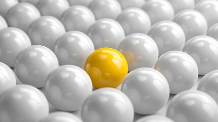 A 3D illustration of a bubble chat arranged in a pattern, with one standout yellow symbolizing differentiation individuality, leadership, branding, unique voice and success in .