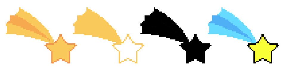 Pixel shooting star vector showing comet or falling star in retro digital style. Ideal for pixel night scenes, dream visuals, games, or cosmic wishful thinking icons. © Xharites