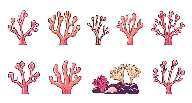 Coral vector set, Coral silhouette set, Sea coral icons, Coral reef icon set, Ocean coral vector, Underwater coral icons, Tropical coral icon set, Marine coral vector set, Coral outline set, Coral fla
