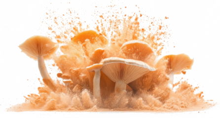 Mushrooms Bursting with Orange Powder on White Background