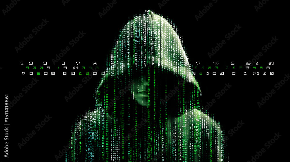 Poster digital enigma: a shrouded figure, cloaked in shadows and code, stares resolutely into the camera, s