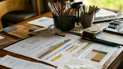Analyst's workspace filled with data charts, keyboard and creative supplies - Powered by Adobe