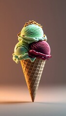 Delicious ice cream cone with scoops of sweet frozen dessert