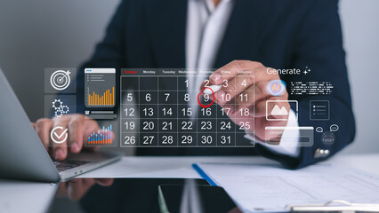 AI task scheduling timeline with businessman using smart tools to manage daily workload. Modern productivity and multitasking concept for team workflow, digital schedule, and work management visuals.