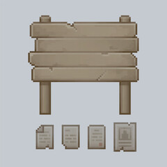 big wooden board with paper poster sign in pixel art style