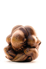 A beautifully crafted wooden sculpture of a Weeping Buddha on a clean white background. This intricate figure conveys a sense of contemplation and deep emotion.