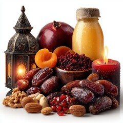 Assorted fresh fruits dates nuts and honey jar with candle and decorative lantern for healthy snack or dessert display