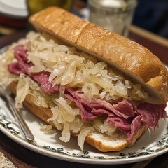 Classic Reuben Sandwich with Pastrami Sauerkraut and Cheese on Toasted Bread Served on Elegant Plate in Cozy Diner Ambiance