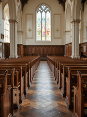 Empty side-by-side wooden pews in a church